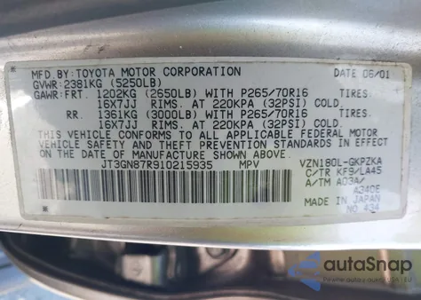 2001 Toyota 4Runner Limited V6 z USA, uszkodzony, nr VIN JT3GN87R910215935